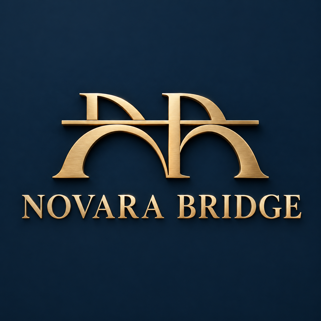 Novara Bridge gold 3D bridge emblem and wordmark on midnight navy